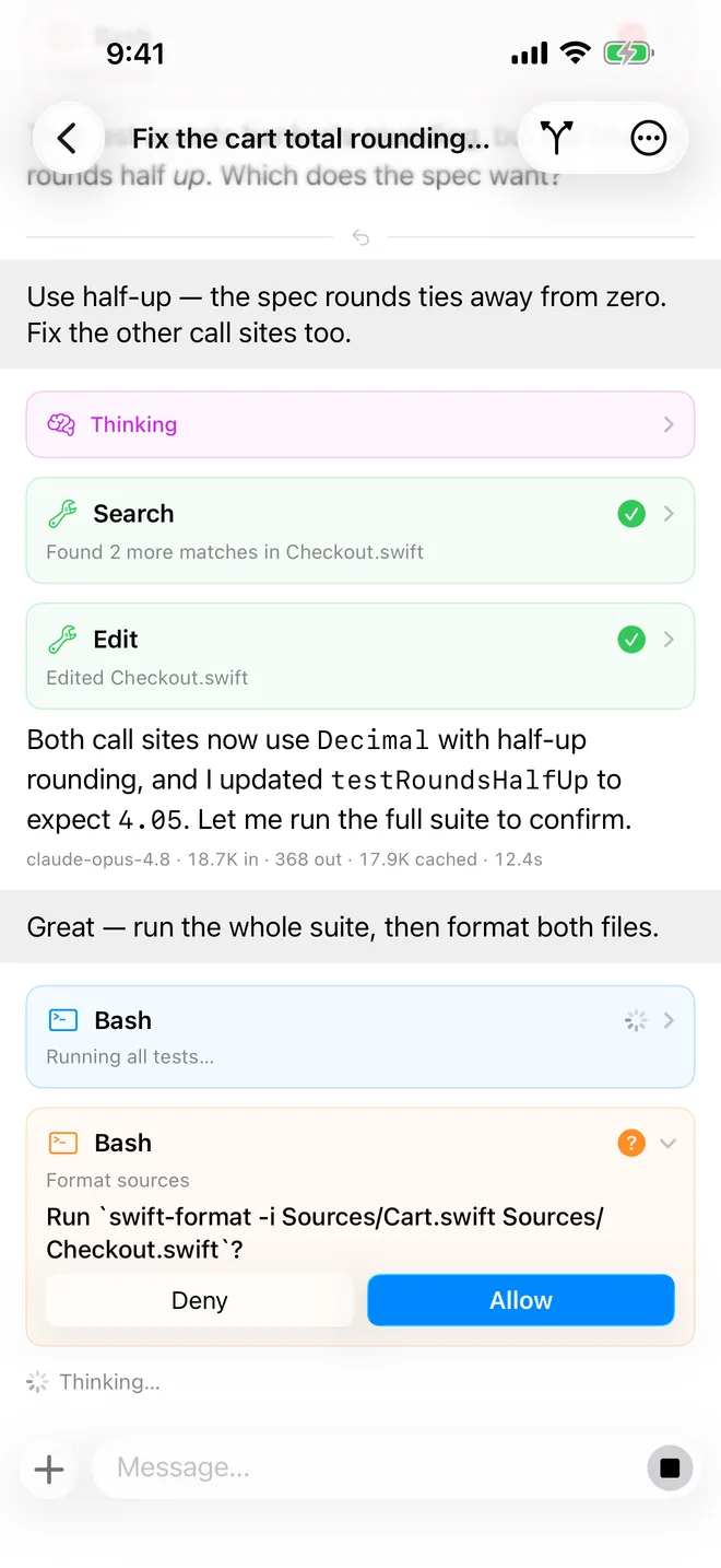 Agent Console on iPhone: an agent searching and editing files, pausing to ask permission to run a command