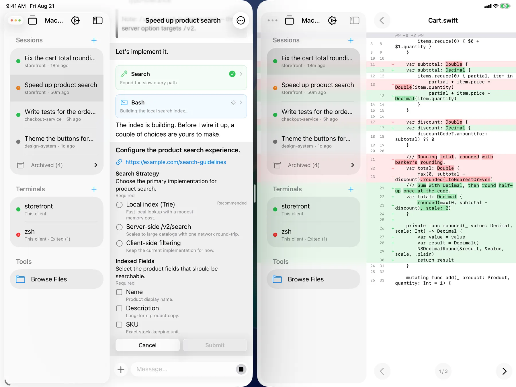 Two Agent Console windows side by side on iPad: one agent asks structured product-search questions while a code diff from another session is reviewed